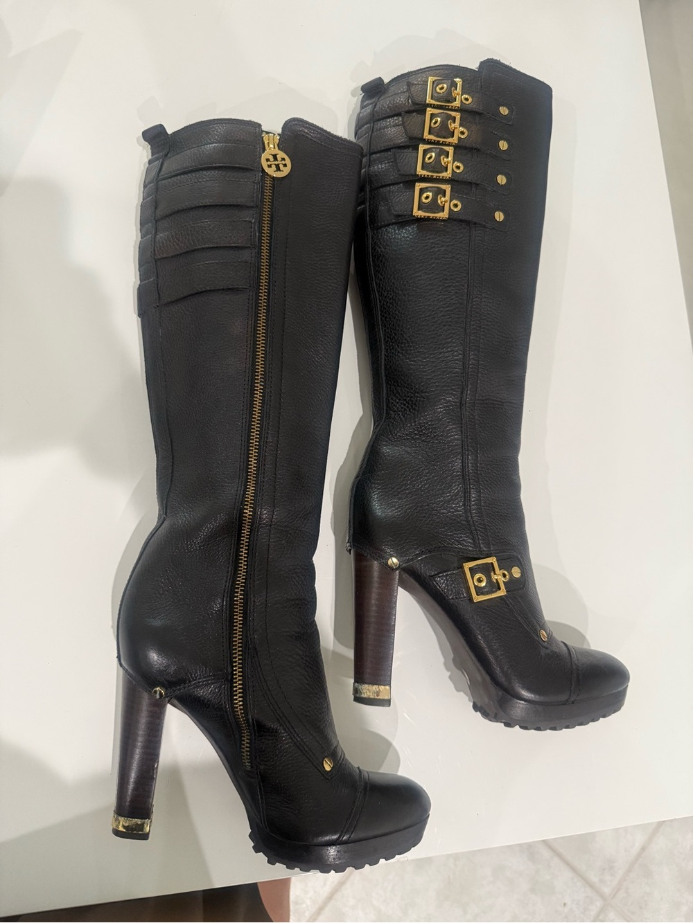 Tory Burch Black Leather High-Heel Knee Boots with Gold Hardware